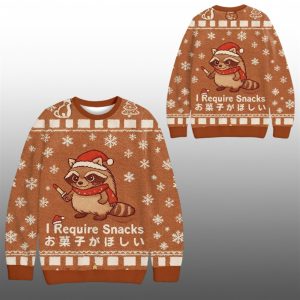 2025 Christmas Raccoons I Require Snacks Ugly Sweater 1 1