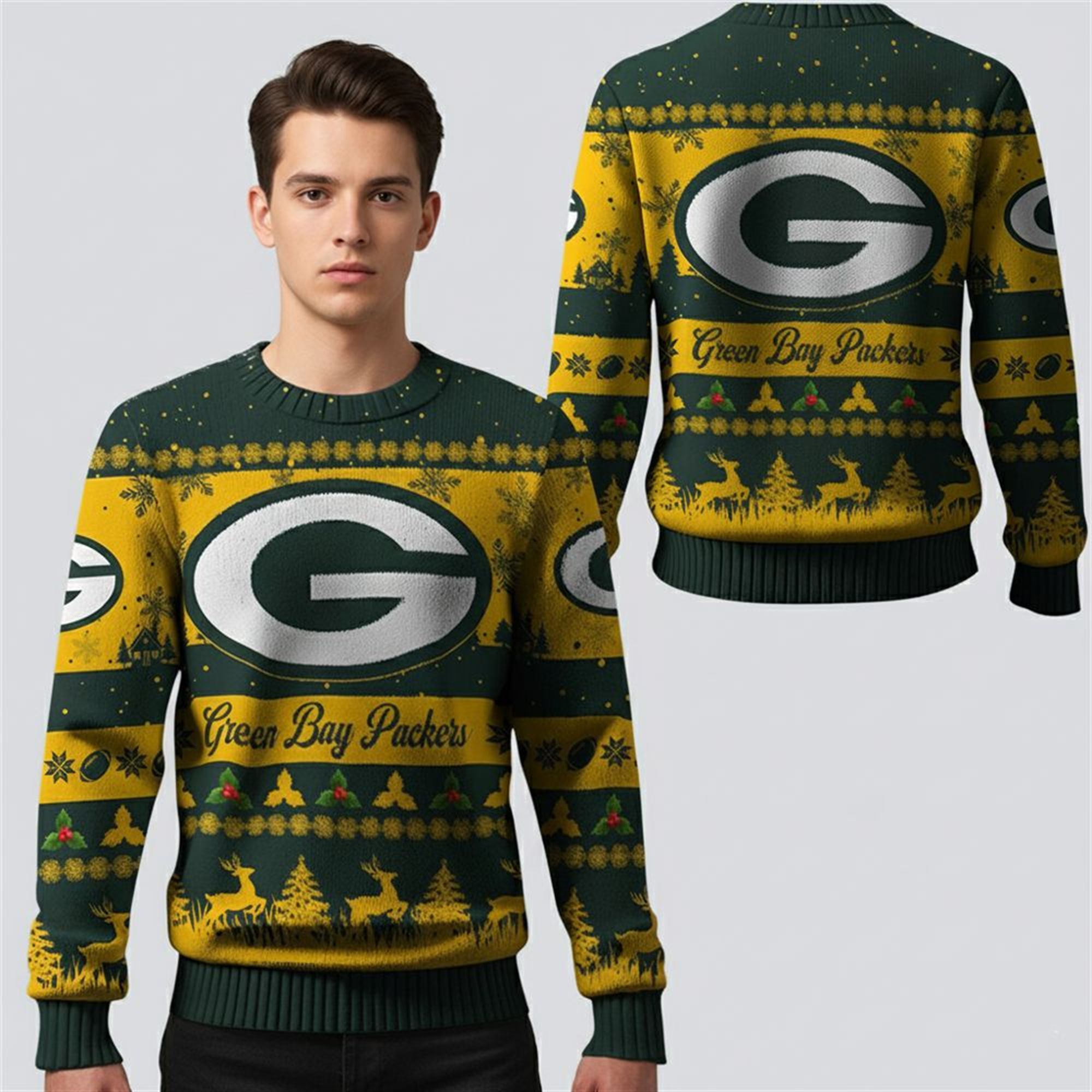2025 Christmas GB Packers Festive Reindeer Tree Ugly Sweater 1 2 2025 Christmas GB Packers Festive Reindeer Tree Ugly Sweater 1 2