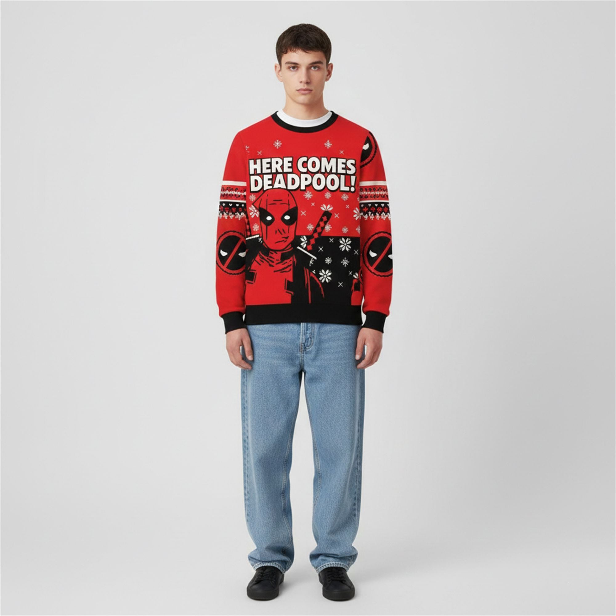 2025 Christmas Here Comes Deadpool Ugly Sweater 1 2 2025 Christmas Here Comes Deadpool Ugly Sweater 1 2