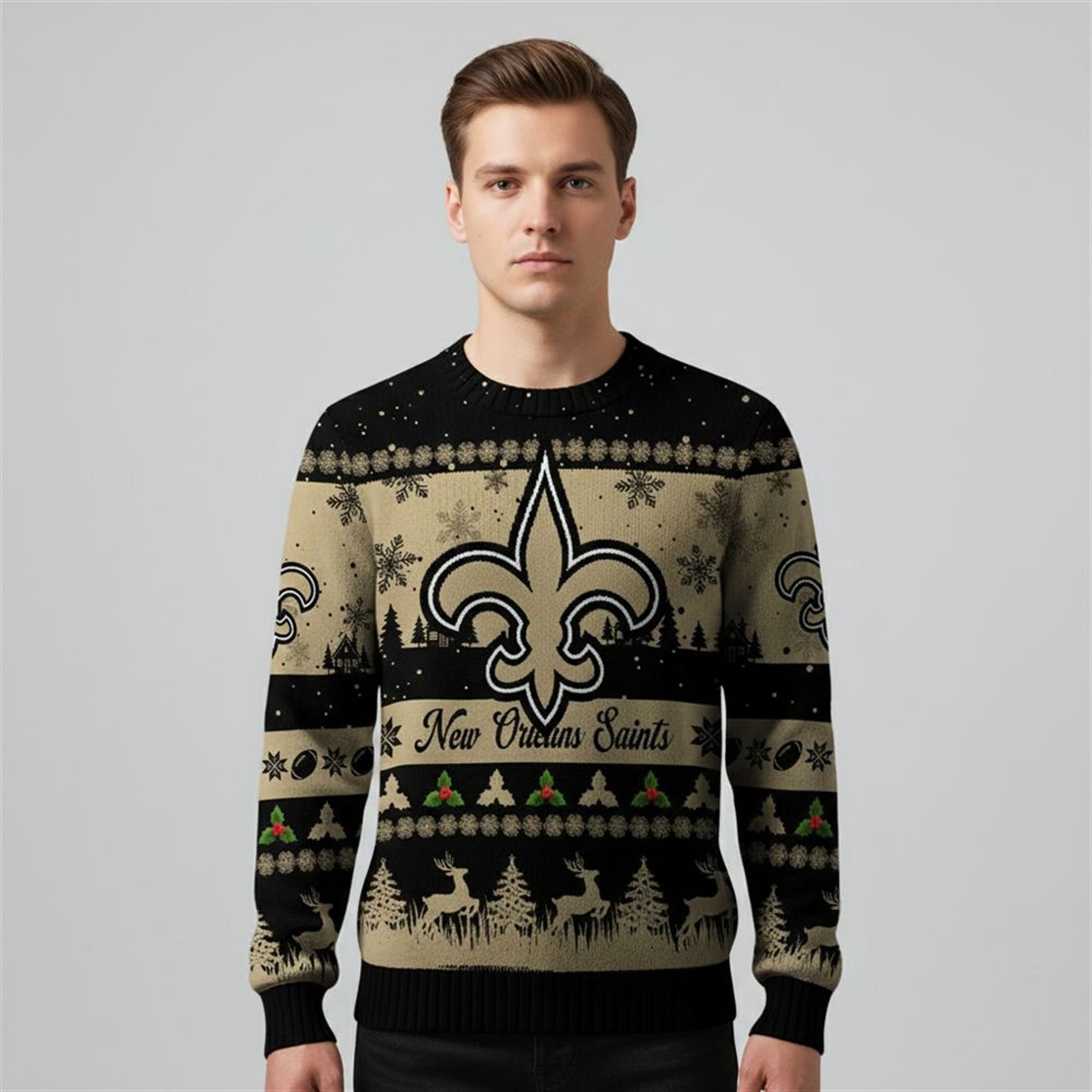 2025 Christmas Saints Festive Reindeer Tree Ugly Sweater 1 2 2025 Christmas Saints Festive Reindeer Tree Ugly Sweater 1 2