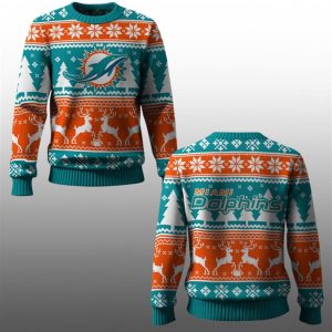 2025 Dolphins Reindeer Football Christmas Ugly Sweater 1 1