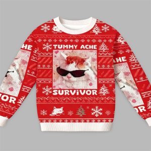 2025 Christmas Tummy Ache Survivor Funny Cat Meme Ugly Sweater 1