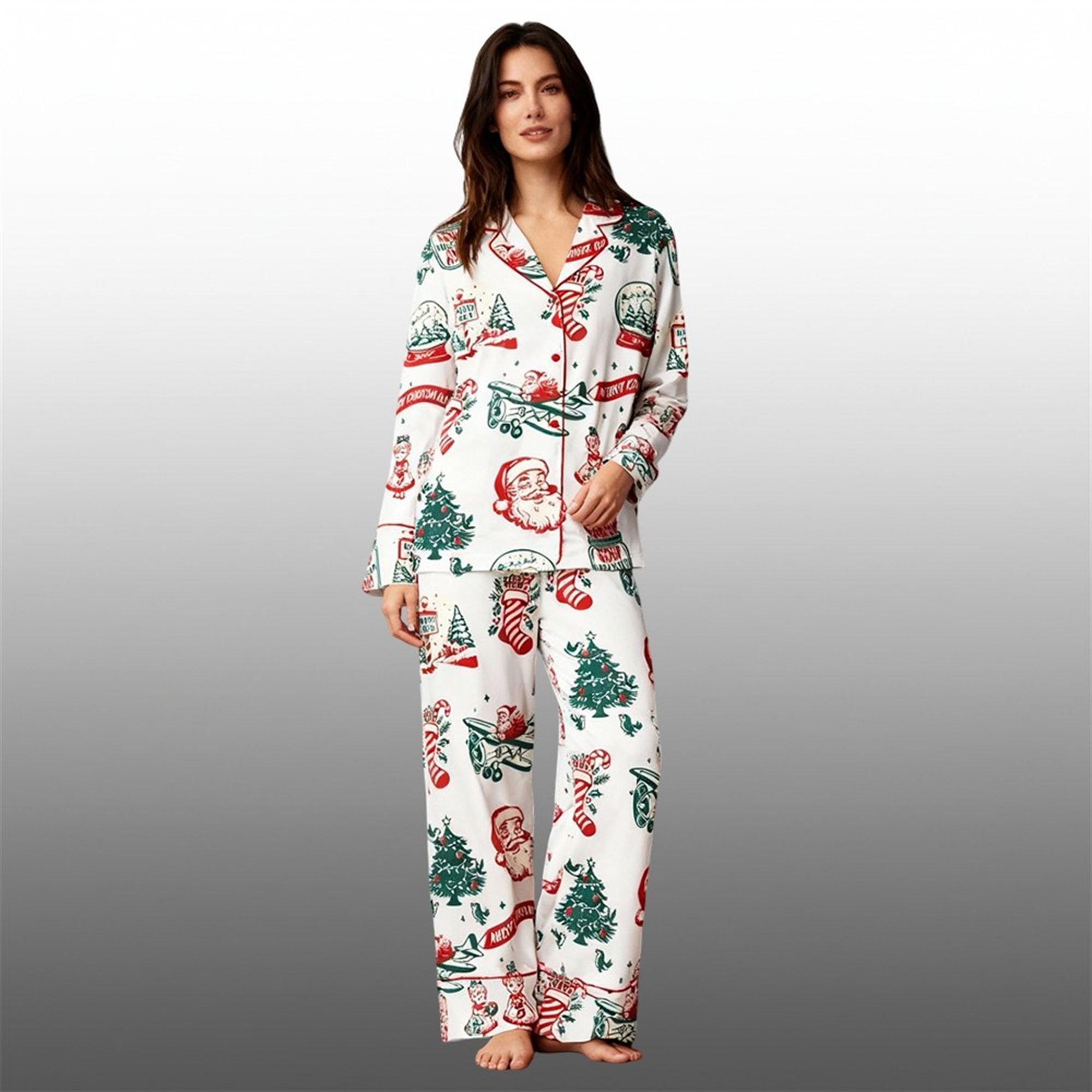 Christmas Holiday Mid Century Santa Flying Airplane Pajama Set 2 Christmas Holiday Mid Century Santa Flying Airplane Pajama Set 2