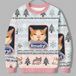 2025 Christmas Pink Benadryl Meme Cat Ugly Sweater 1