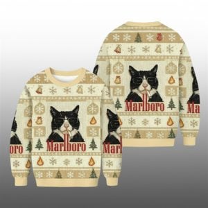 2025 Funny Cat Smoking Marlboro Christmas Ugly Sweater 1 1
