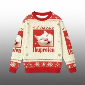 2025 Christmas Red Ibuprofen Meme Cat Ugly Sweater 1