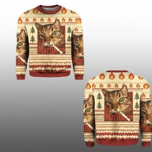 2025 Christmas Funny Smoking Cat Meme Marlboro Ugly Sweater 1 1