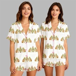 Watercolor Leopard Cheetah Pink Preppy Christmas Tree Pajama Set 1