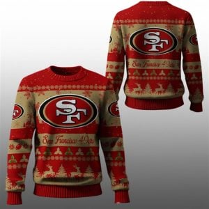 2025 Christmas SF 49ers Festive Reindeer Tree Ugly Sweater 1 1