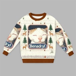 2025 Christmas Benadryl Cat Meme Ugly Sweater 1