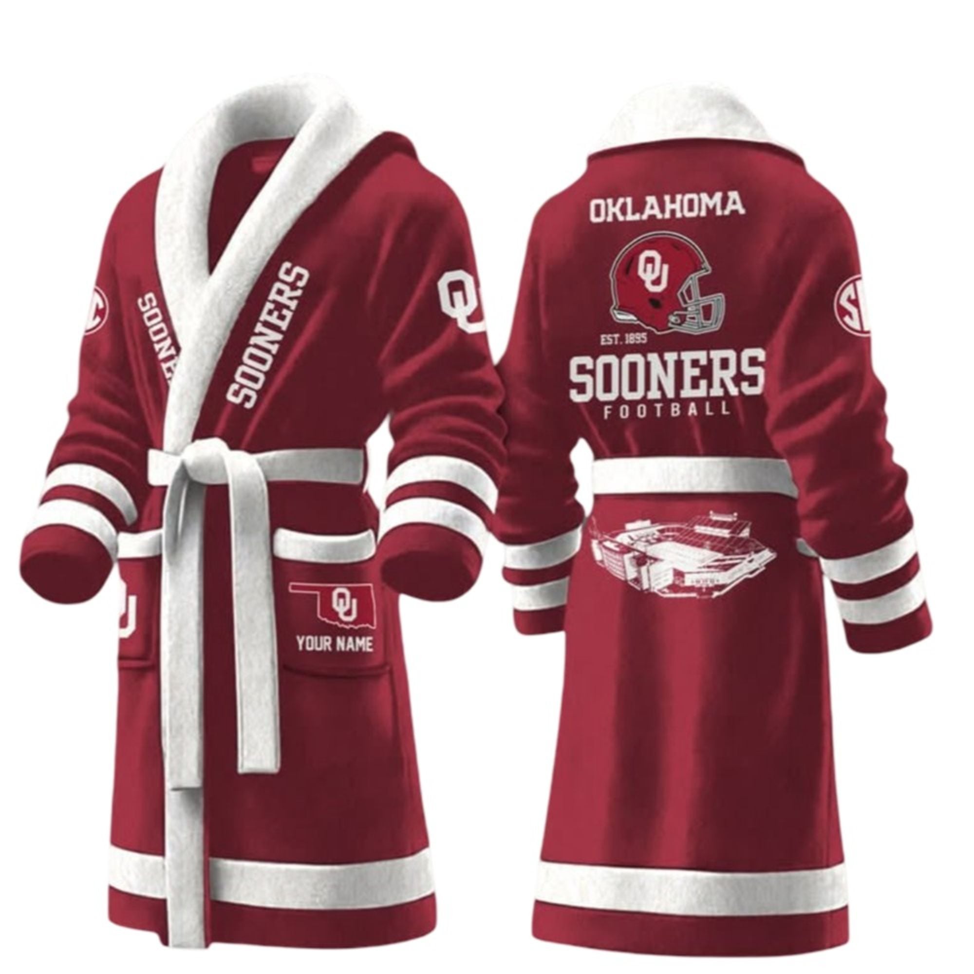 2026 Okalahoma Snooners Football EST 1895 Fleece Bathrobe 2 2026 Okalahoma Snooners Football EST 1895 Fleece Bathrobe 1 2