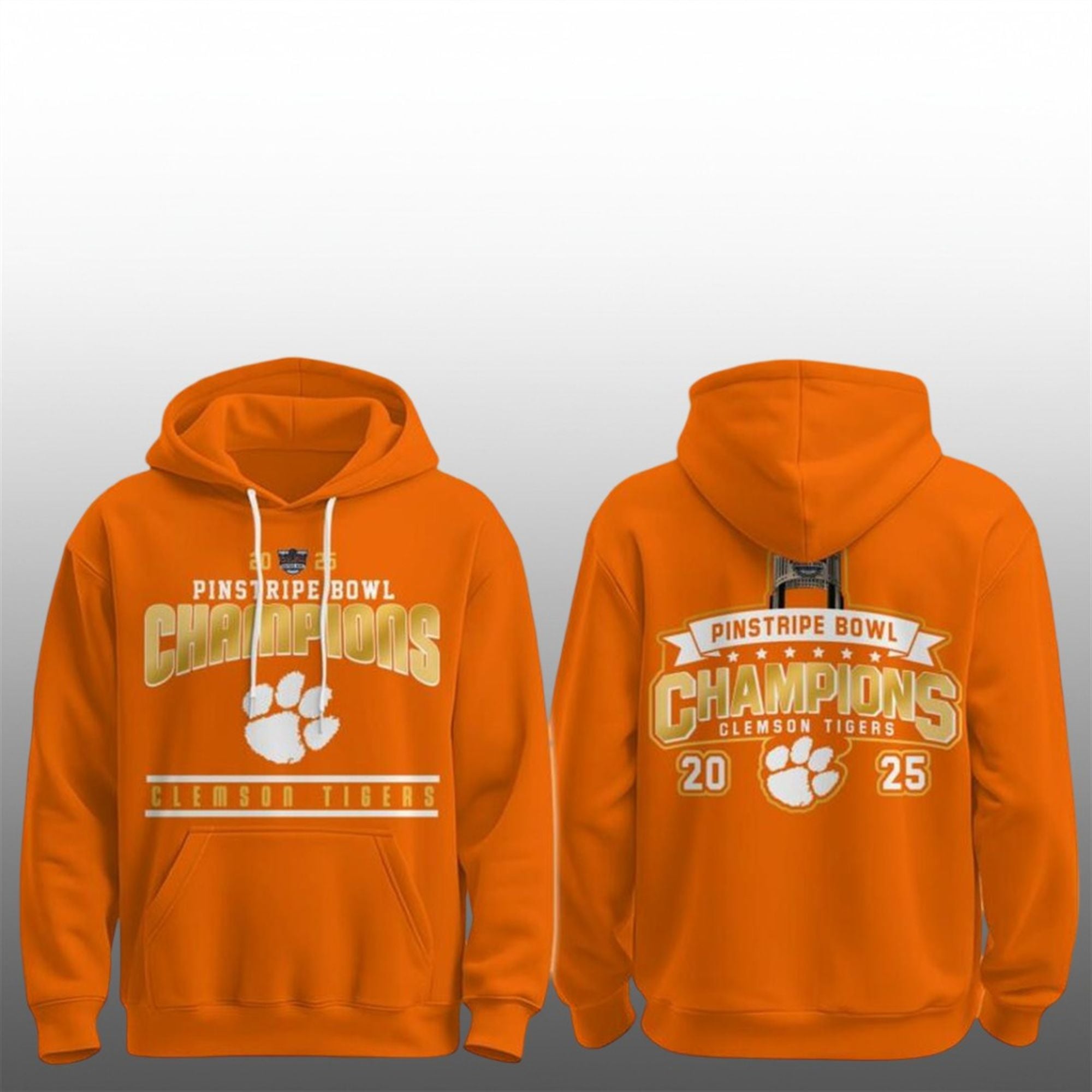 Clemson Tigers Pinstripe Bowl Champions 2025 Celebrating Hoodie 1 21 Clemson Tigers Pinstripe Bowl Champions 2025 Celebrating Hoodie