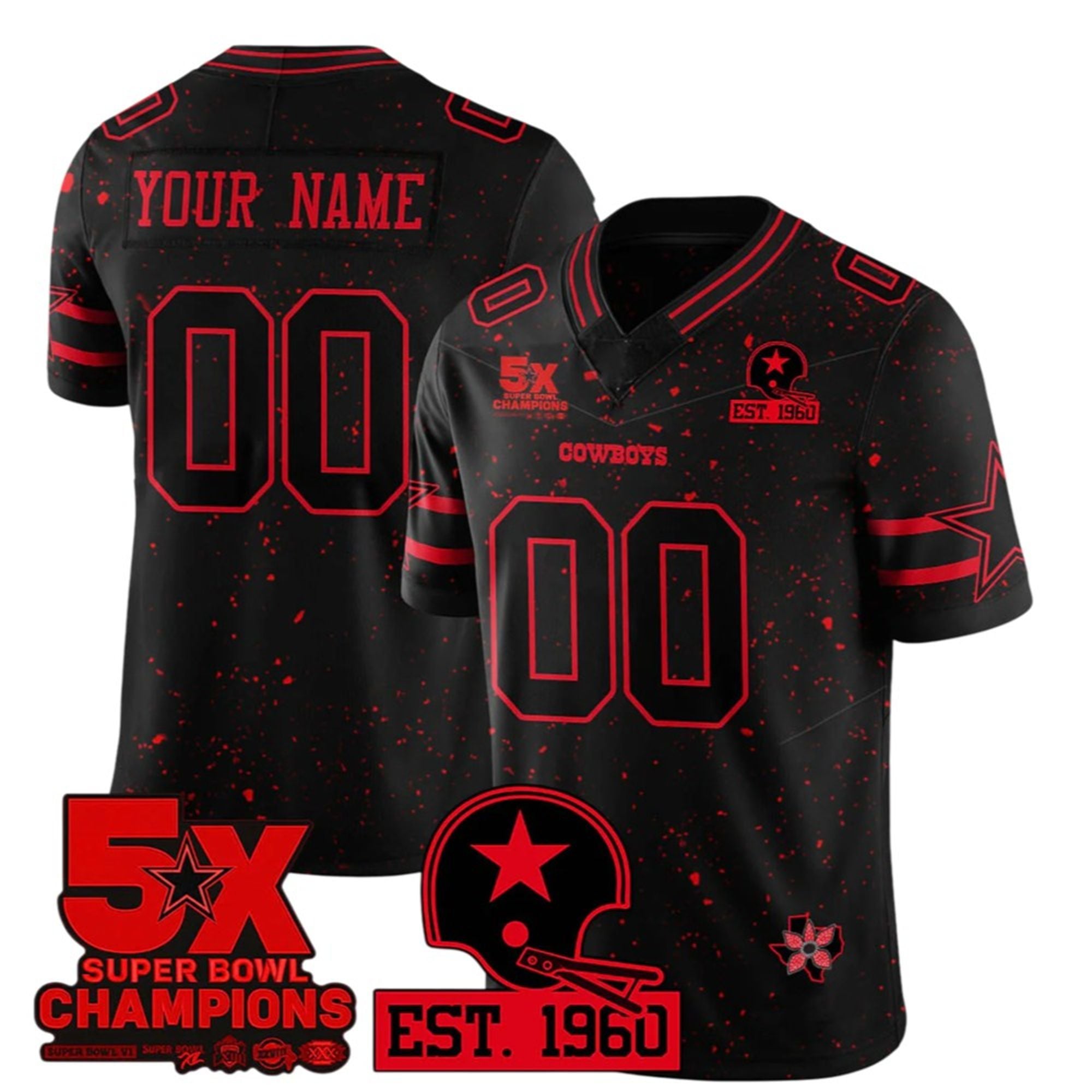 Cowboys Stranger Things 5X Bowl Champions EST 1960 Jersey 2 Cowboys Stranger Things 5X Bowl Champions EST 1960 Jersey 1 2