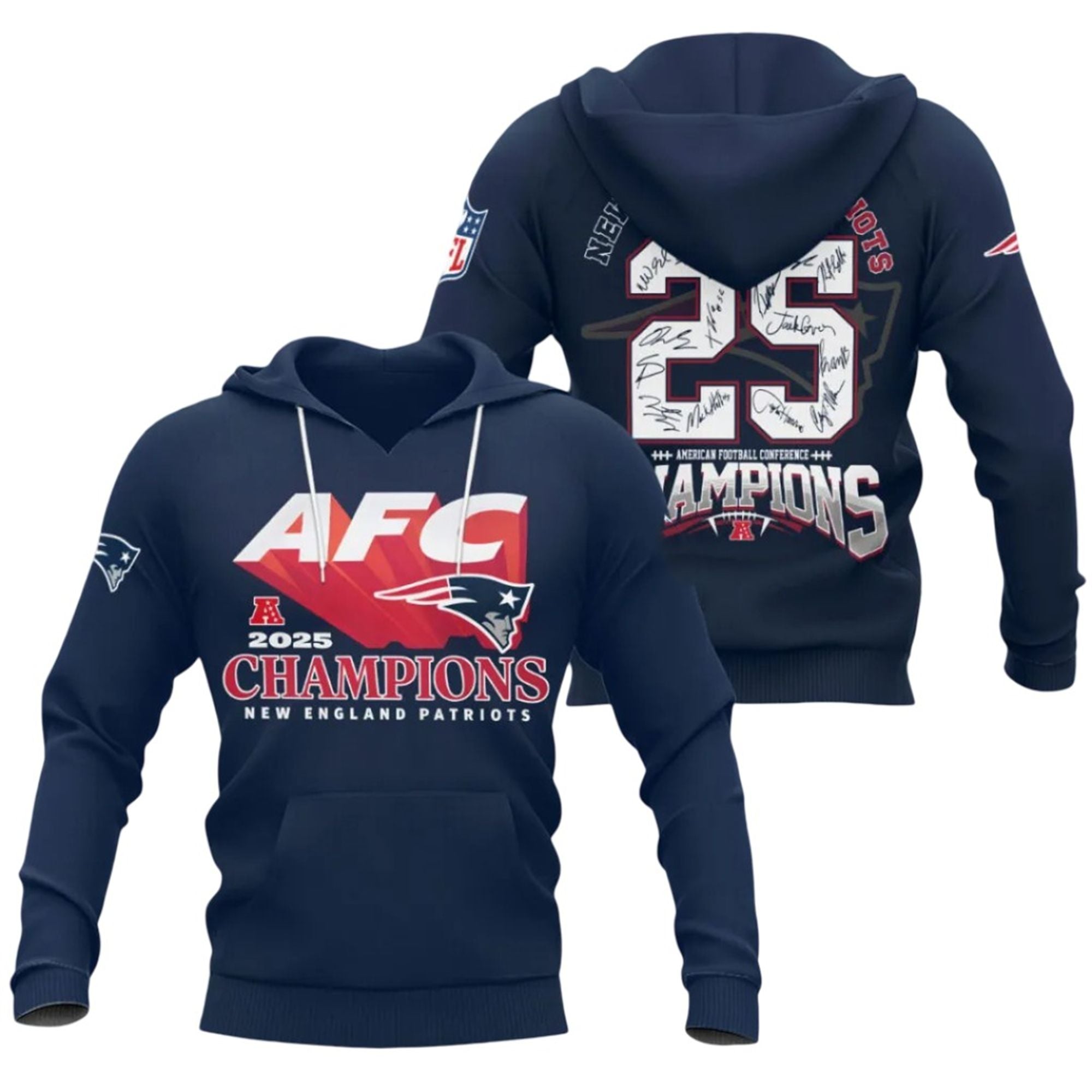 12 New England Patriots 2025 AFC Champions Signature Hoodie 12 New England Patriots 2025 AFC Champions Signature Hoodie