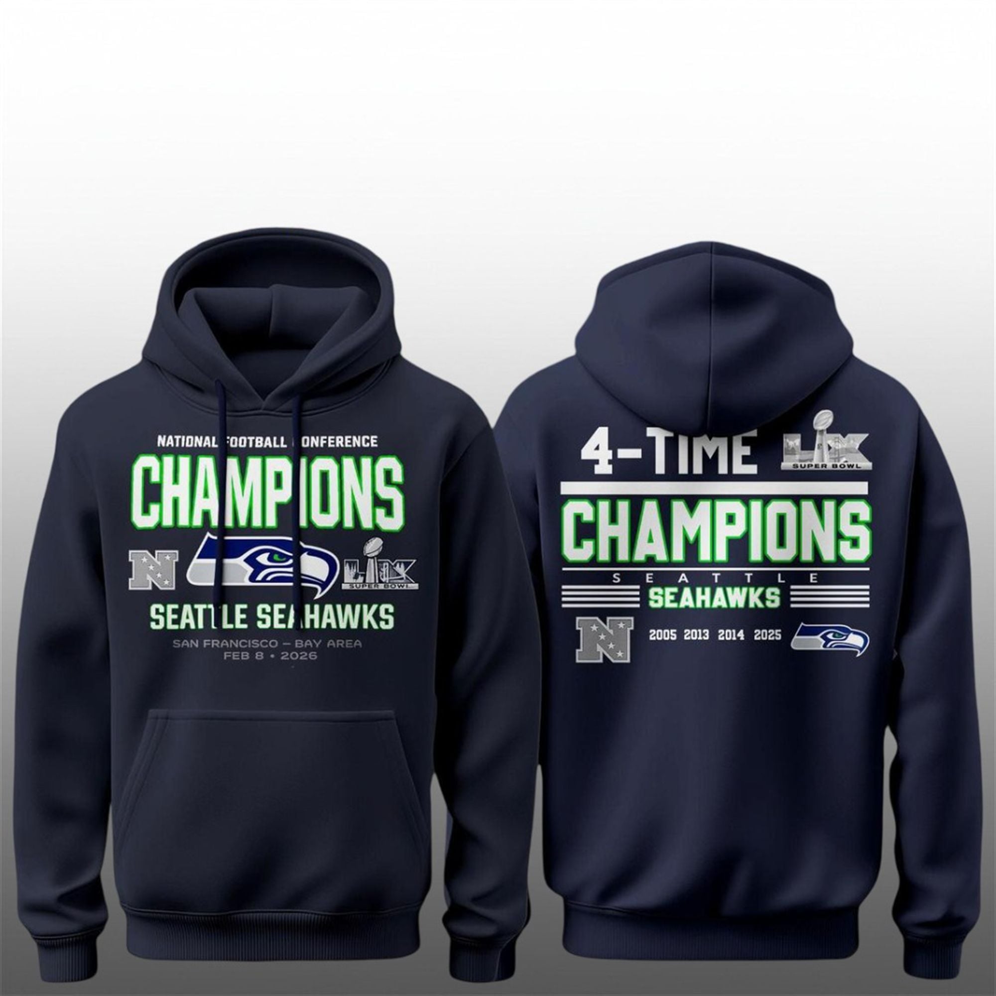 Seahawks NFC Champions 4 Time Champs 2026 Shirt 2 14 Seahawks NFC Champions 4 Time Champs 2026 Hoodie