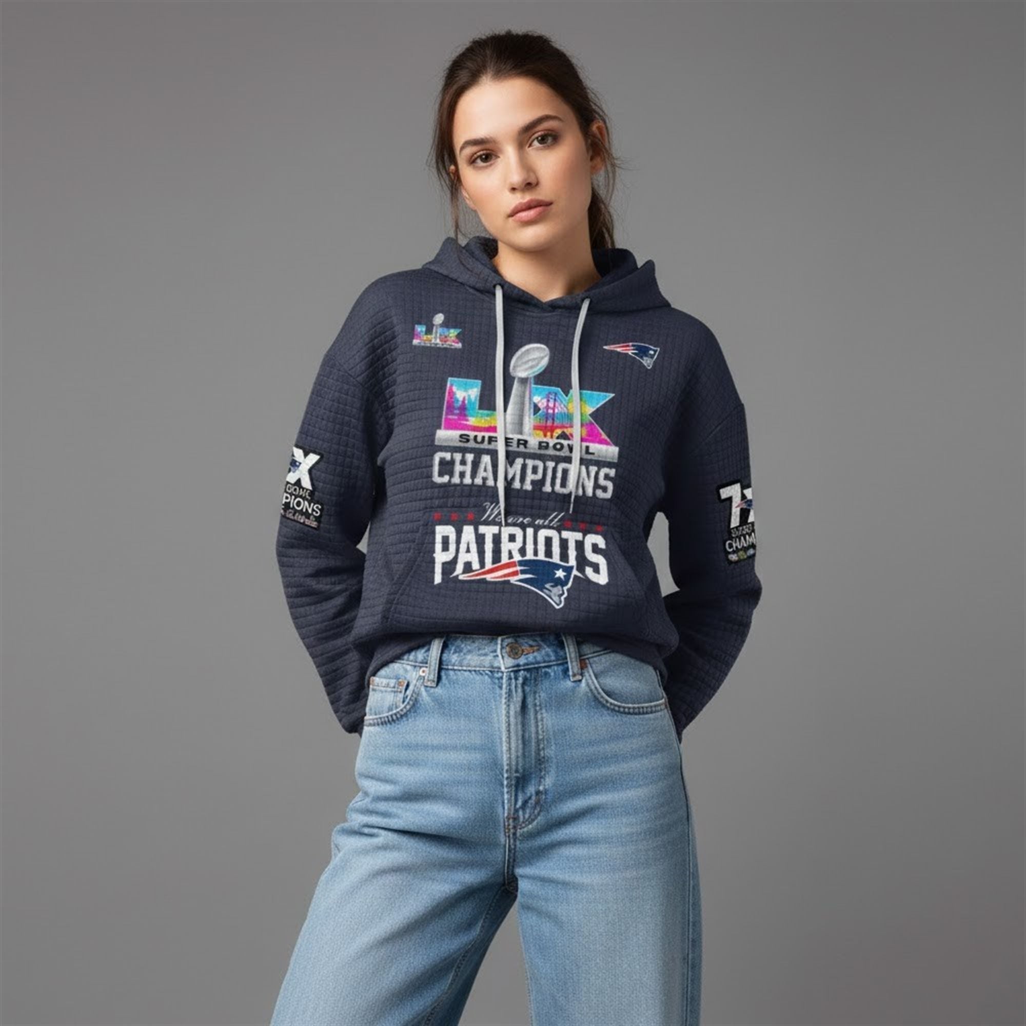 2026 We Are All Patriots 7X SB LX Champions Waffle Hoodie 2026 We Are All Patriots 7X SB LX Champions Waffle Hoodie