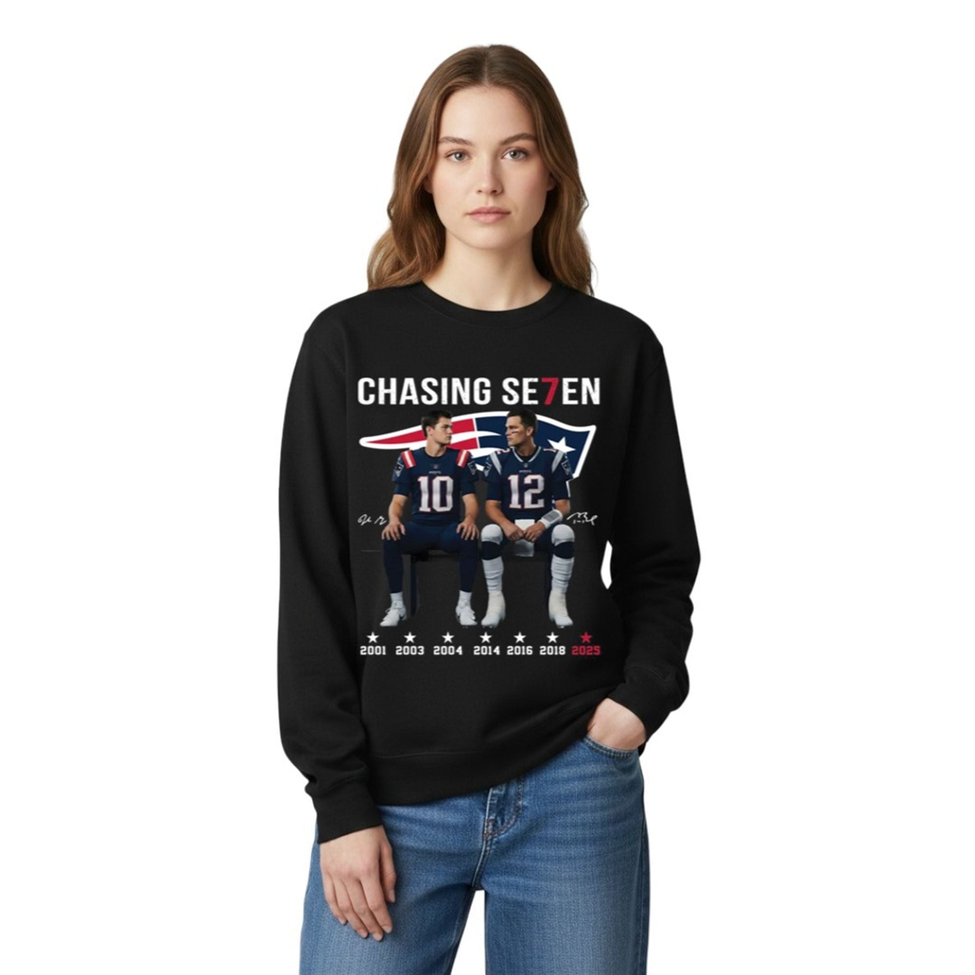 Drake Maye And Tom Brady Chasing Se7en Patriots Shirt 5 Drake Maye And Tom Brady Chasing Se7en Patriots Shirt 5 4