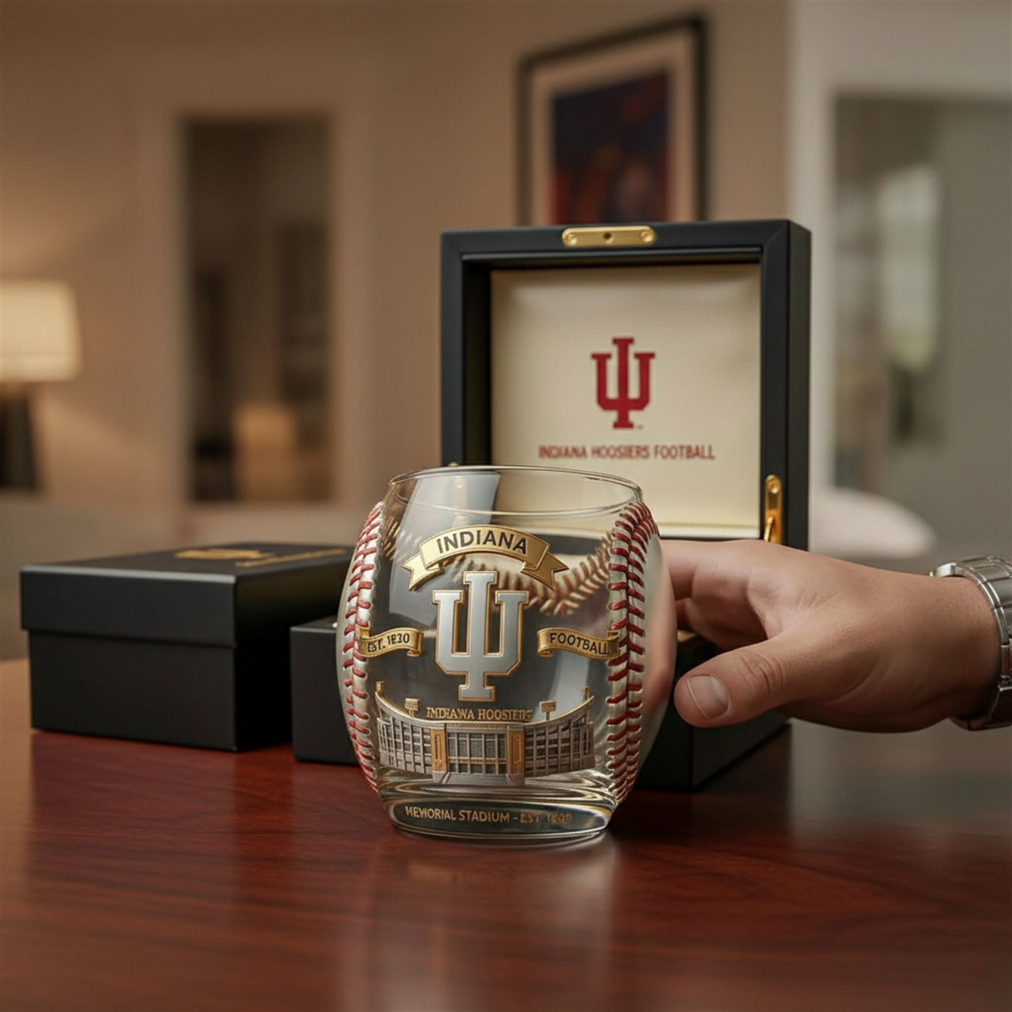 Hoosiers Football Memorial Stadium EST 1820 Whiskey Glass 1 Hoosiers Football Memorial Stadium EST 1820 Whiskey Glass 1