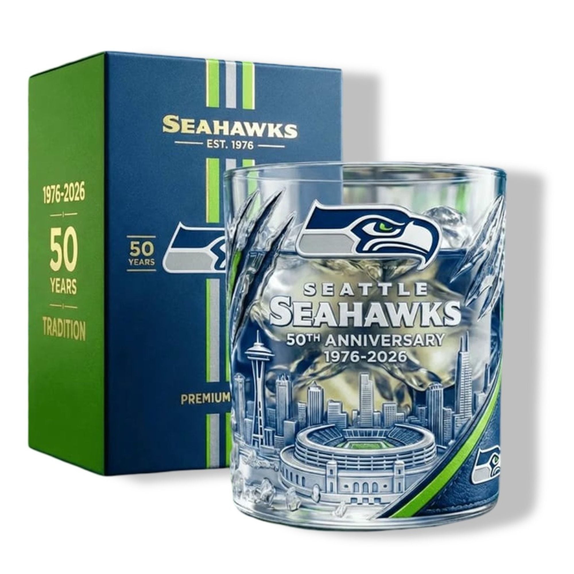 Seattle Seahawks 50th Anniversary 1976 2026 Whiskey Glass 1 Seattle Seahawks 50th Anniversary 1976 2026 Whiskey Glass 1