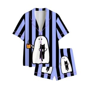 Cute Halloween Black Cat With Ghost Coffee Pajama Set 1