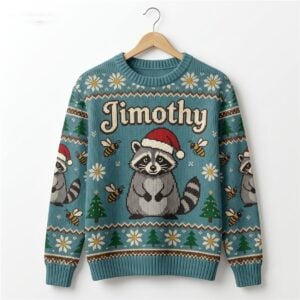 Jimothy Raccoon Santa Hat Funny Ugly Christmas Sweater 1