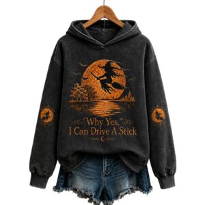 2026 Halloween Witch Why Yes Actually I Can Drive A Stick Print Hoodie 1