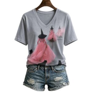 2026 Halloween Cat Witch V neck Shirt 1