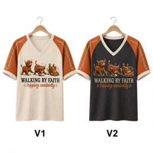 Highland Cattle Walking By Faith Tripping Constantly V Neck Shirt 1
