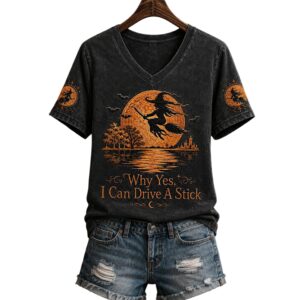 2026 Halloween Witch Why Yes Actually I Can Drive A Stick V neck Shirt 1