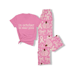 In October We Wear Pink Breast Cancer Awareness Coquette Bow Casual Pajama Set 1