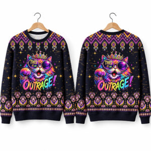 2026 This Is An Outrage Cat Ugly Christmas Sweater 1