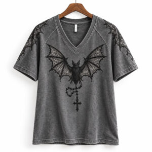 Gothic Lace Bat and Cross Pendant 2026 Halloween V neck Shirt 1