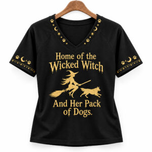 2026 Halloween Home Of The Wicked Witch And Her Pack Of Dogs V neck Shirt 1