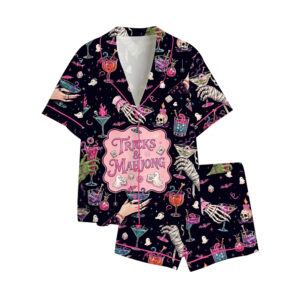 Tricks And Mahjong Halloween Spooky Skeleton Cocktail Pajama Set 1