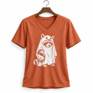 Raccoon Ghost With Pumpkin Bucket 2026 Halloween V neck Shirt 1