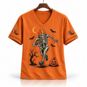 Skeleton Pumkin V neck Shirt 2026 Halloween 1