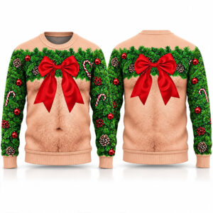 2026 Funny Hairy Chest Wreath and Red Bow Ugly Christmas Sweater 1