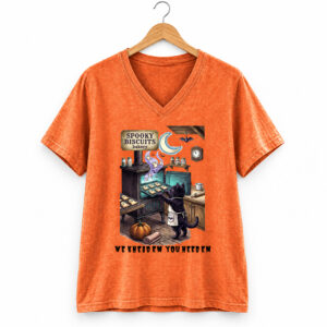 2026 Halloween Cat Baking Pumpkin Ghost Spooky Biscuits Bakery We Knead Em You Need Em V neck Shirt 1