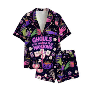 Ghouls Just Wanna Play Mahjong Spooky Halloween Cocktail Pajama Set 1