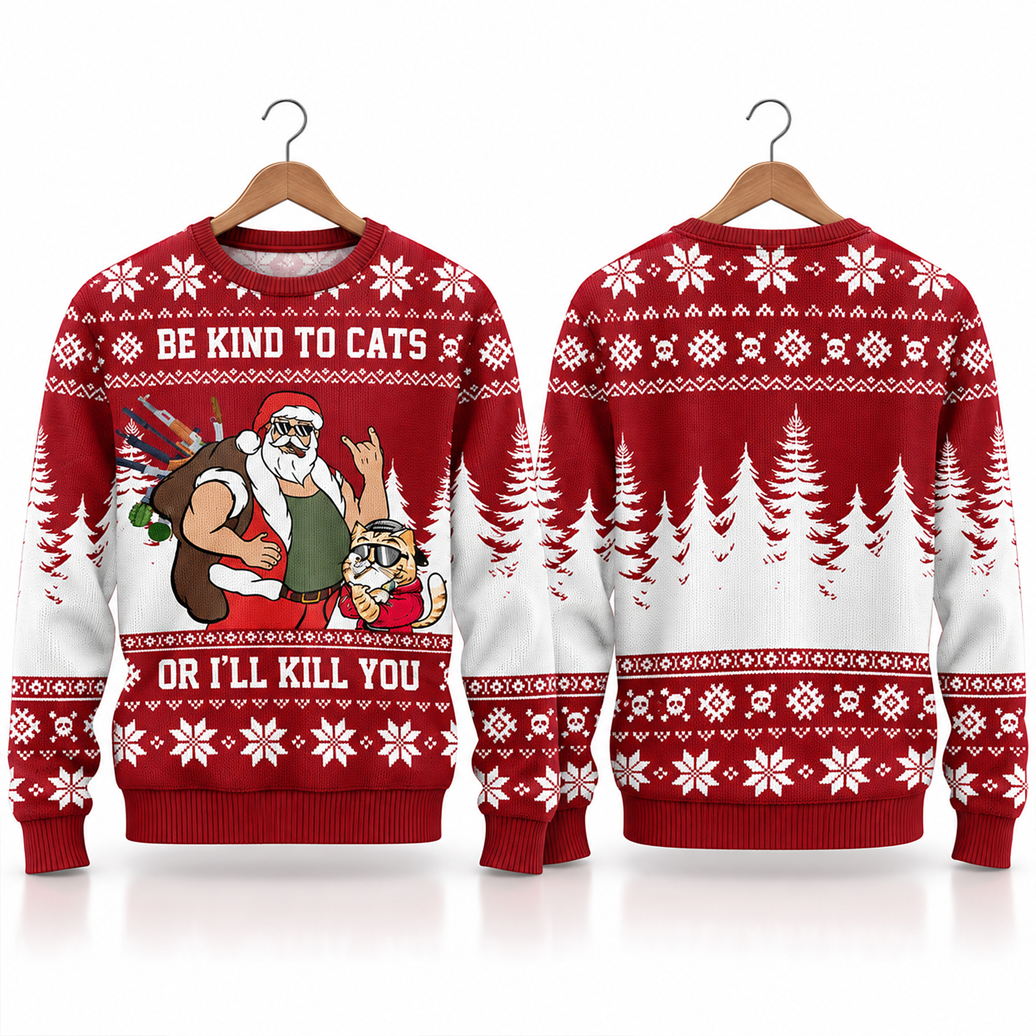 2026 Be Kind To Cats Or I'll Kill You Santa Cat Ugly Xmas Sweater 1 2026 Be Kind To Cats Or I'll Kill You Santa Cat Ugly Xmas Sweater