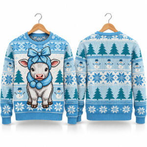 2026 Calf Light Blue Whimsical Cow Ugly Christmas Sweater 0