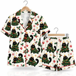 Black Cat Christmas Tree Pajama Set 1