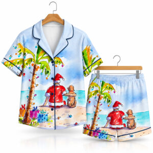 2026 Beach Tropical Christmas Santa Claus With Dog Pajama Set 1