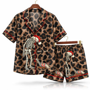 Christmas Santa Skeleton Spilled Coffee Well Shit Dark Humor Leopard Pajama Set 1