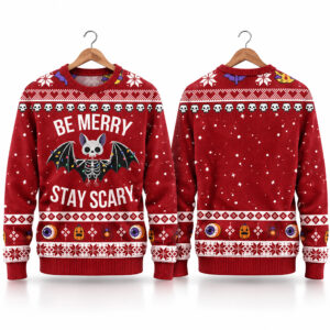 2026 Skeleton Bat Creepmas Be Merry Stay Scary Ugly Xmas Sweater 1