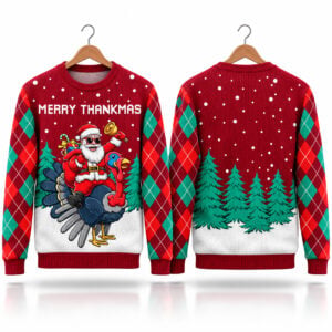 Merry Thankmas Santa Claus Turkey 2026 Thanksgiving Ugly Sweater 1